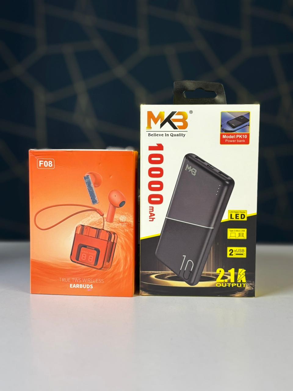 MKB PK10 Power Bank (10000mAh) + F08 Wireless Earbuds (15H Backup) Combo Pack
