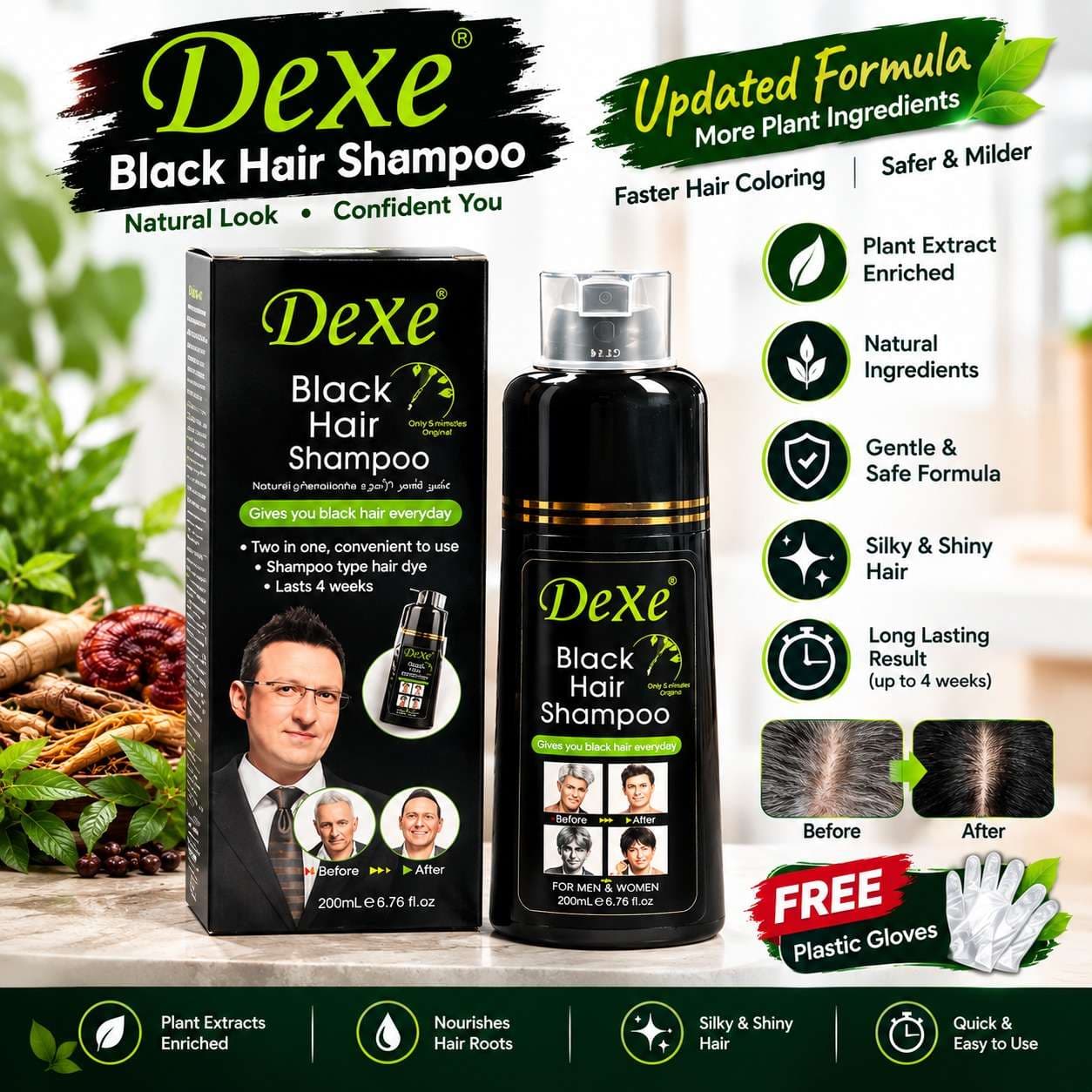 DeXe Black Hair Shampoo – Instant Black Hair Coloring Shampoo 200Ml