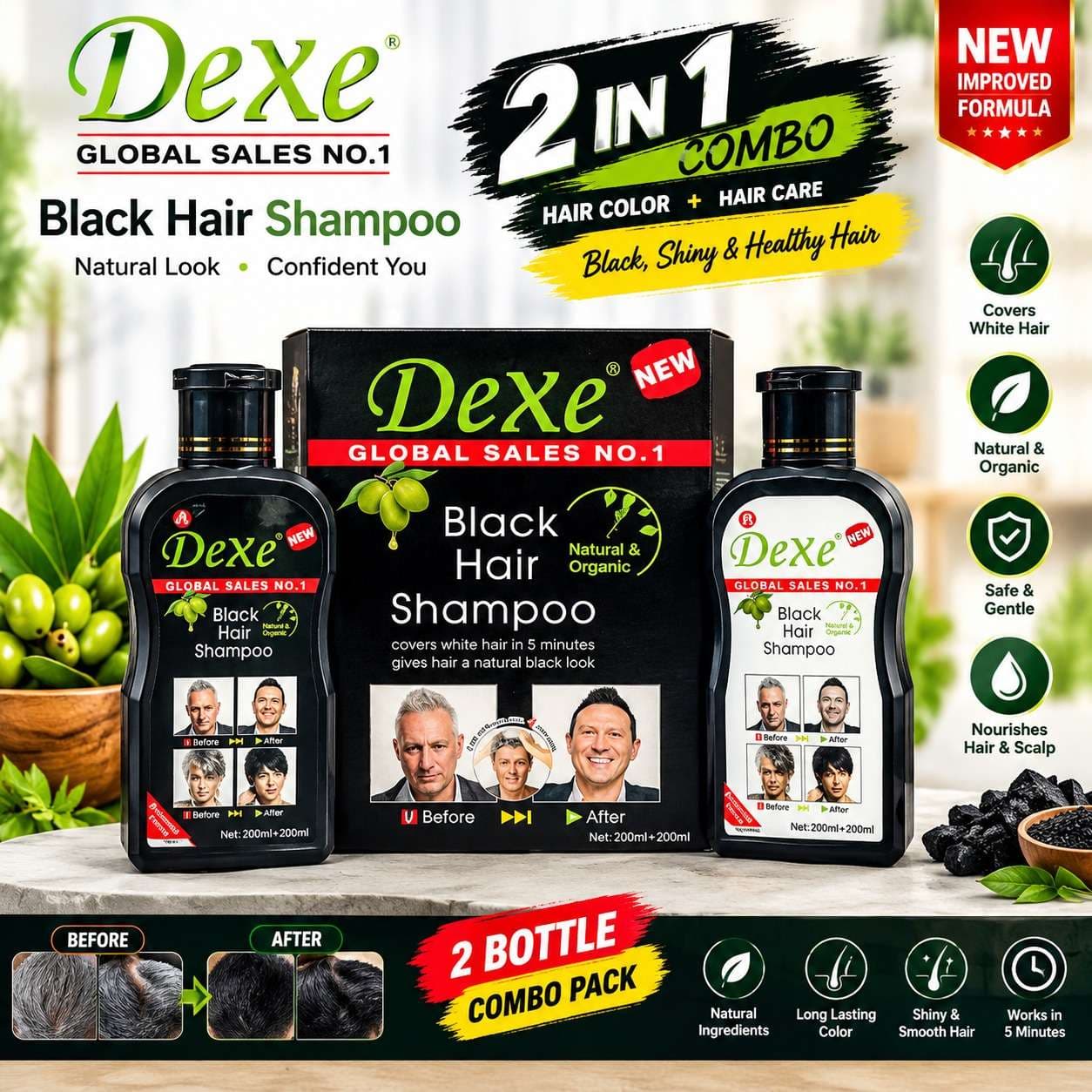 DeXe Black Hair Shampoo – Updated Plant-Based Formula | 2-Part Hair Coloring Shampoo