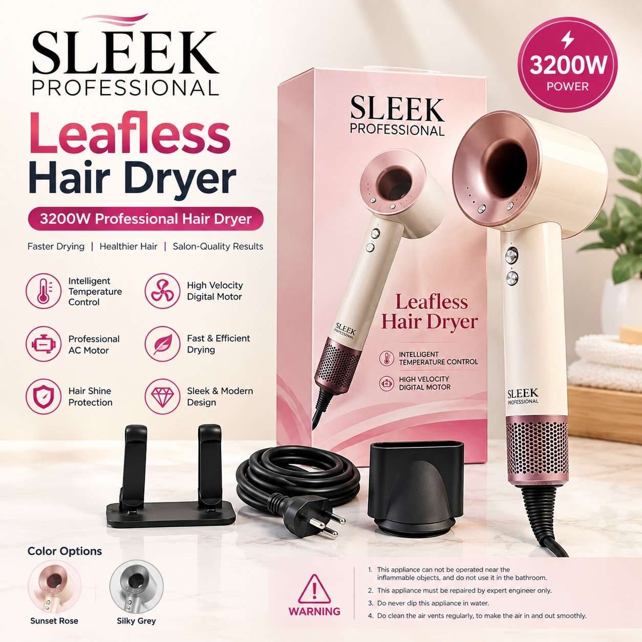 Sleek Leafless Hair Dryer – 3200W Professional Hair Dryer