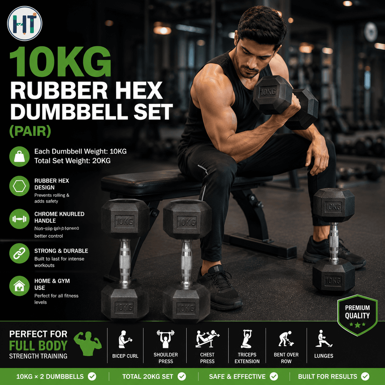 10KG Rubber Hex Dumbbell Set (Pair)