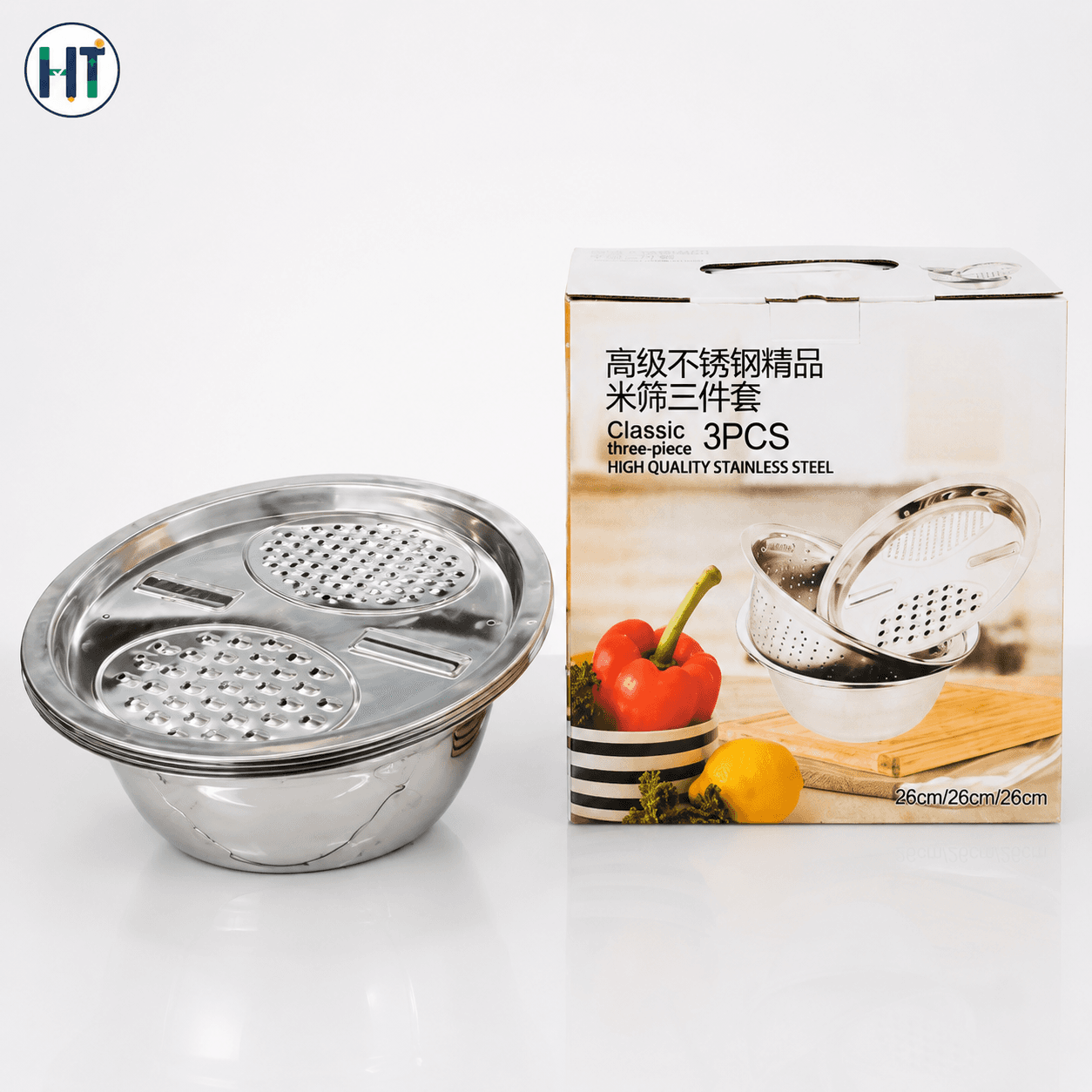 Premium 3-in-1 Stainless Steel Vegetable Grater, Strainer & Bowl Set