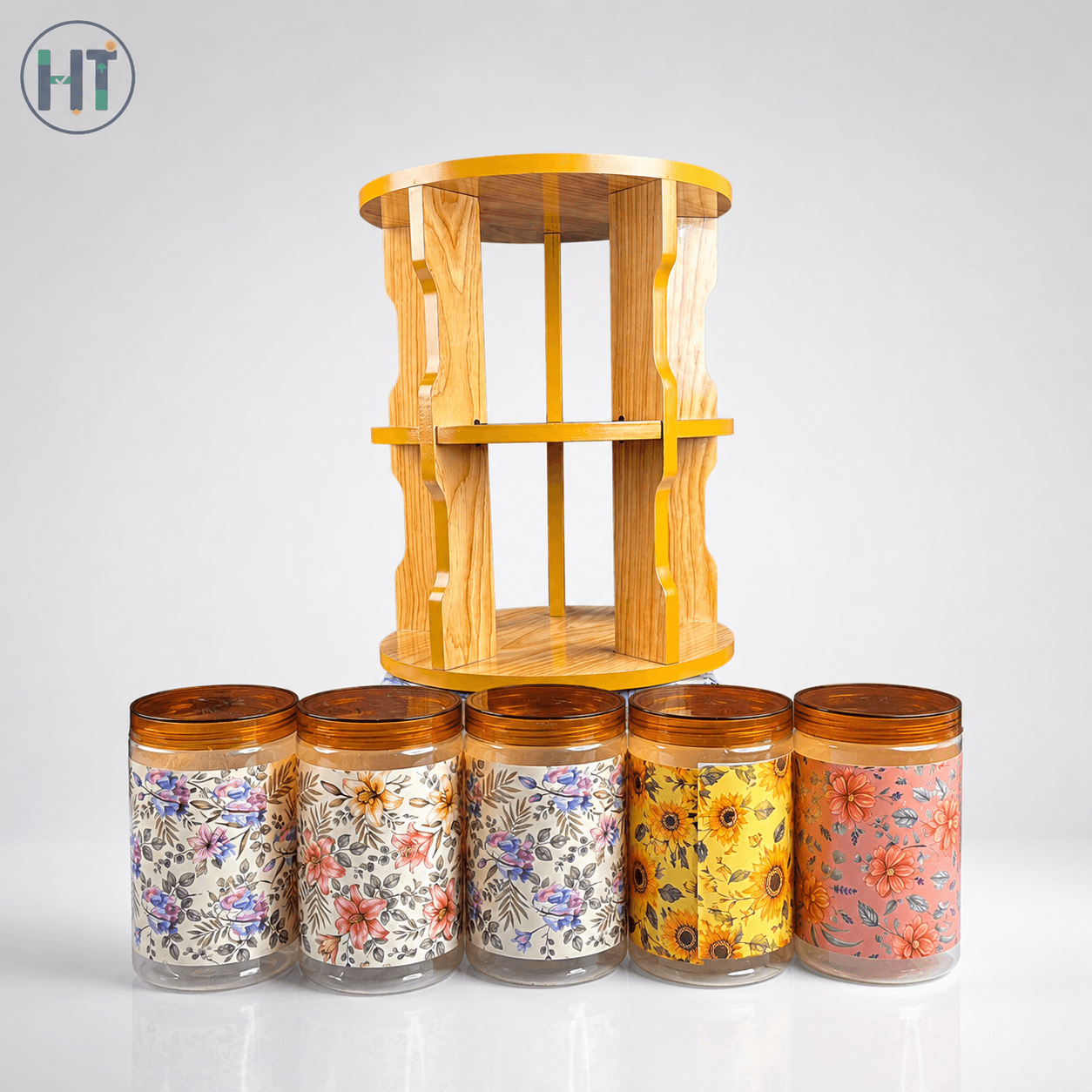 10pcs Floral Spice Jar Set with Wooden Organizer Rack 2