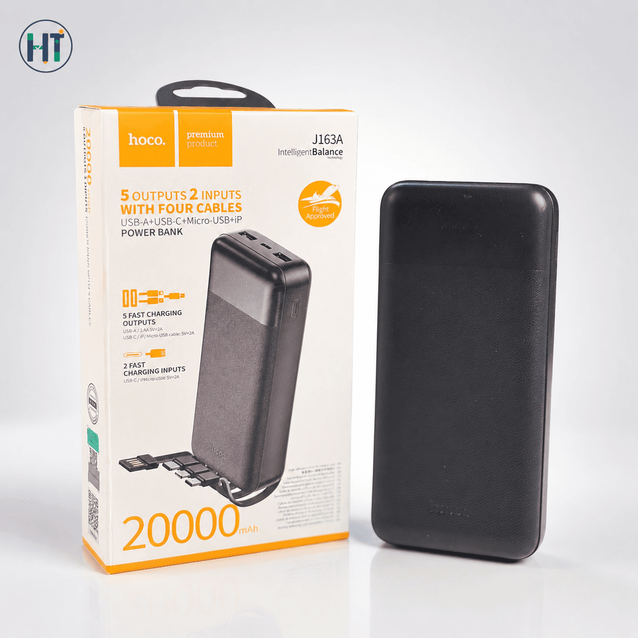 hoco J163A 20000mAh Power Bank – 5 Outputs 2 Inputs with 4 Built-in Cables