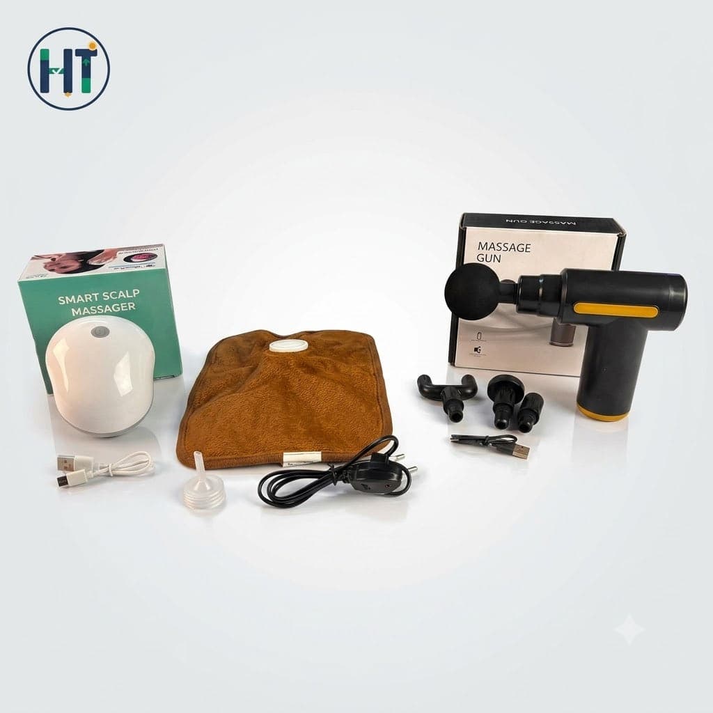 Premium 3-in-1 Body Relaxation Combo Pack (Massage Gun + Electric Hot Water Bag + Smart Scalp Massager