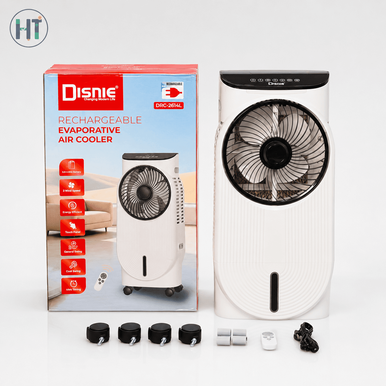 Rechargeable Evaporative Air Cooler with 9 Wind Speeds, Touch Panel & 1–9 Hour Timer DISNIE DRC-2614L 15L