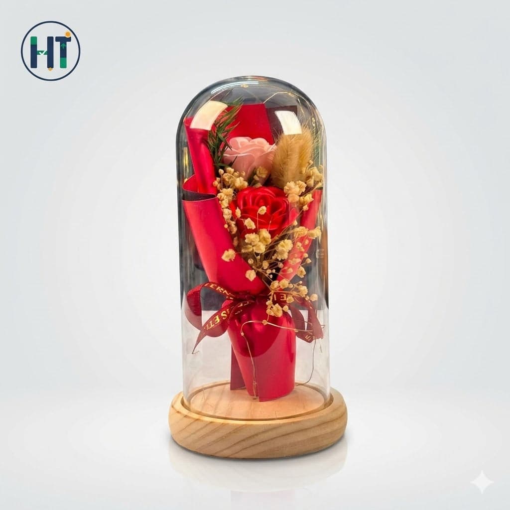 SDNall Handcrafted Preserved Rose Bouquet in Glass Dome (with LED Lights)