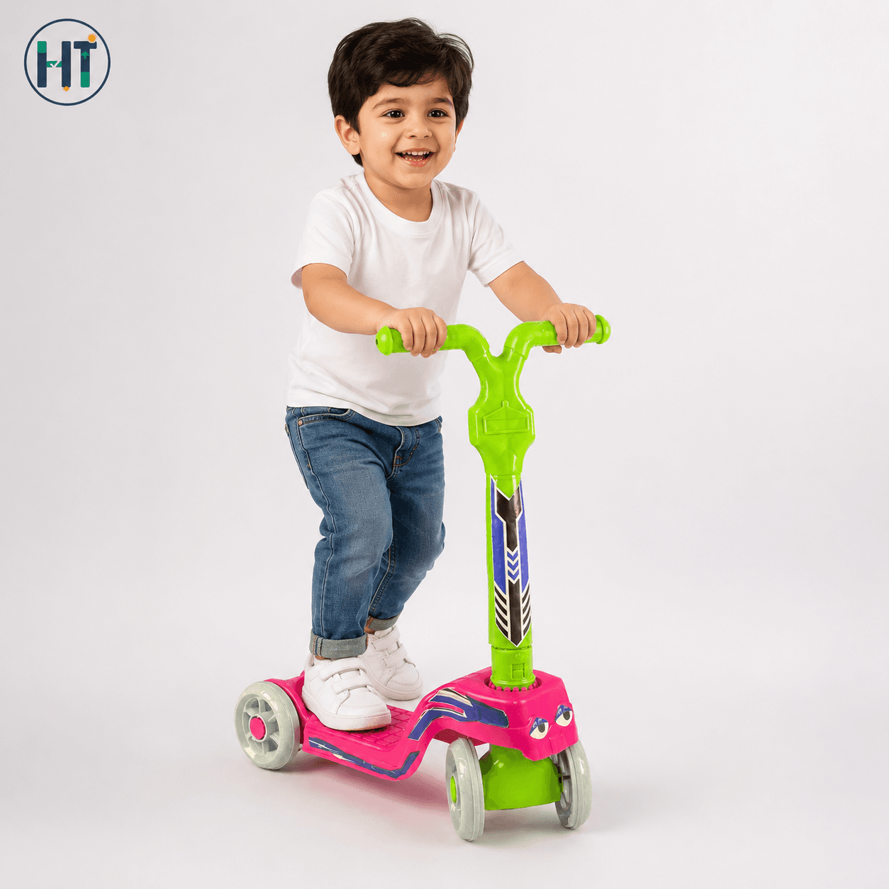 FITNESS WORLD Kick Scooter for Kids – 4 Wheel Scooter for Boys & Girls, Lightweight, Colorful, Stabl