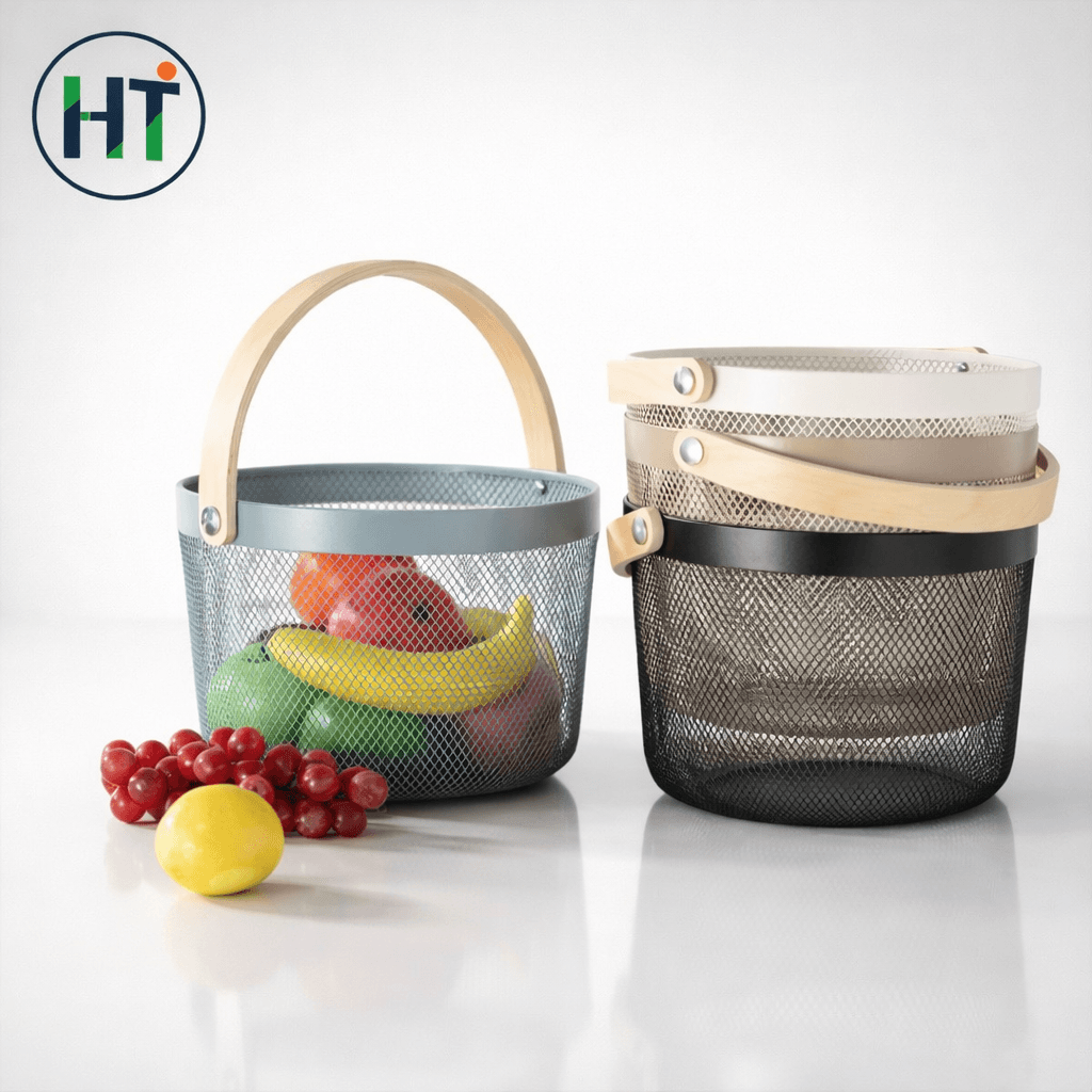 Multifunction Metal Kitchen Storage Basket with Wooden Handle
