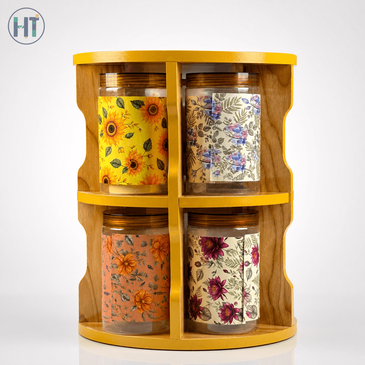 10pcs Floral Spice Jar Set with Wooden Organizer Rack
