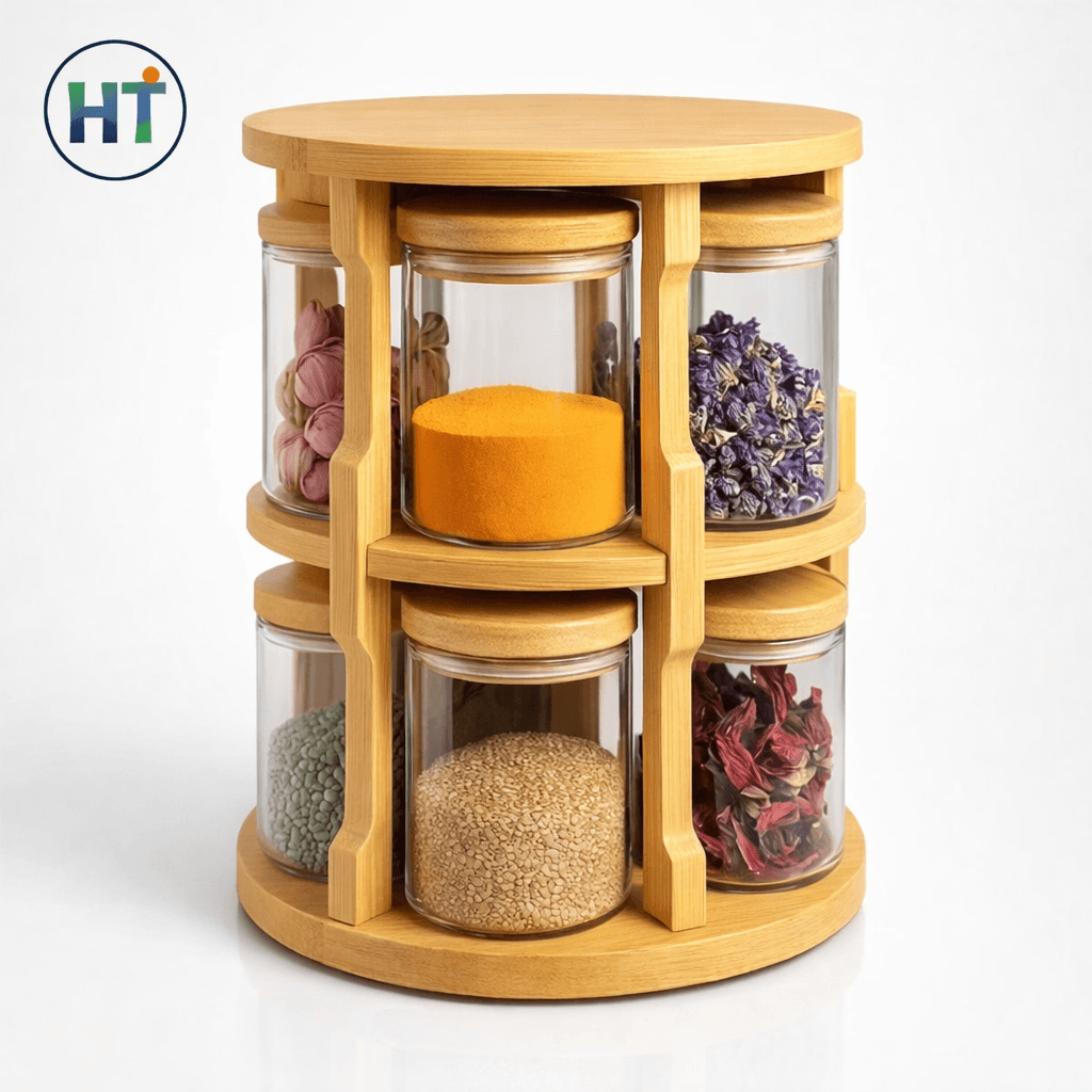 Bamboo Revolving Spice Rack – 10 Glass Jar Set