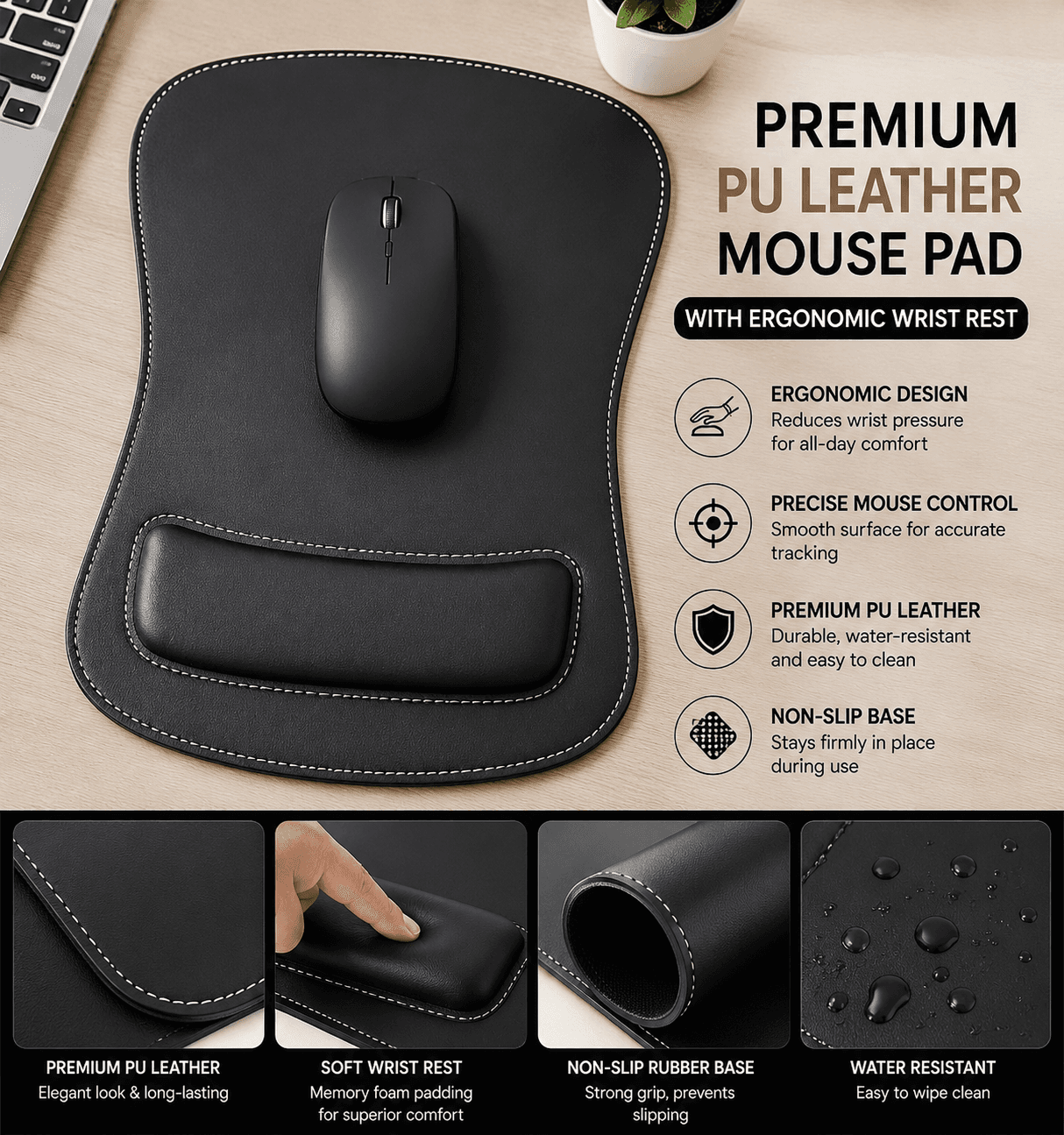 Premium PU Leather Mouse Pad with Ergonomic Wrist Rest – Black