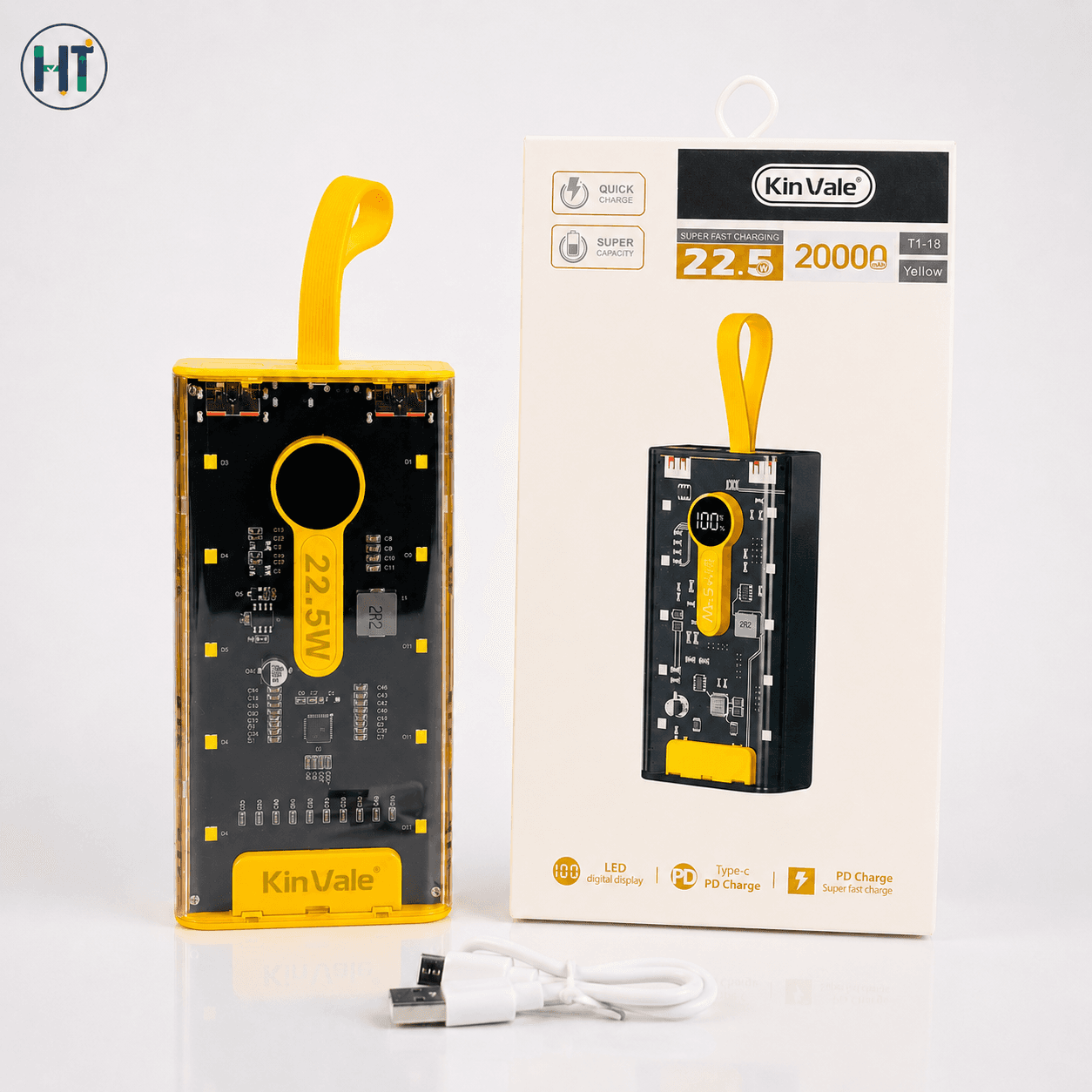 KinVale T1-18 20000mAh 22.5W Fast Charging Transparent Power Bank with LED Digital Display & Dual USB Ports – Yellow