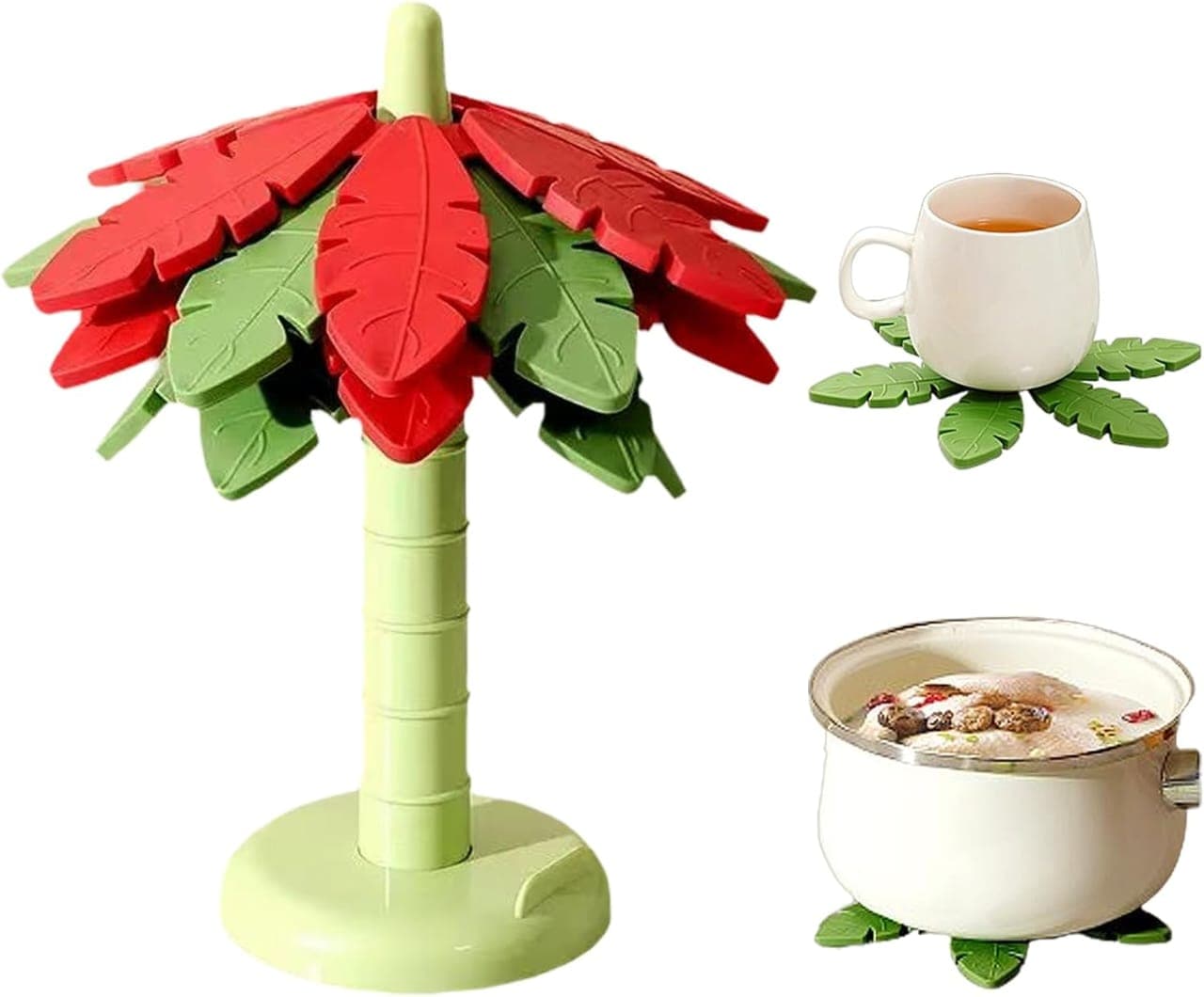 TPR Coconut Tree Heat-Resistant Coaster Set (4 Pcs) with Built-in Phone Stand