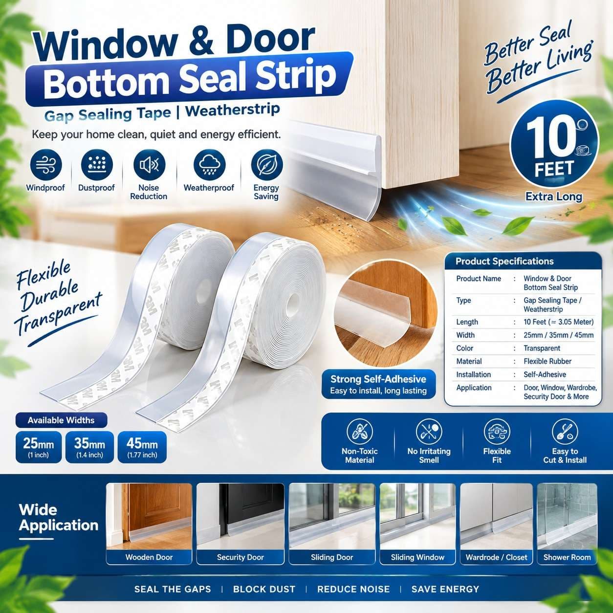 Window & Door Bottom Seal Strip – 10 Feet Weatherproof Gap Sealing Tape