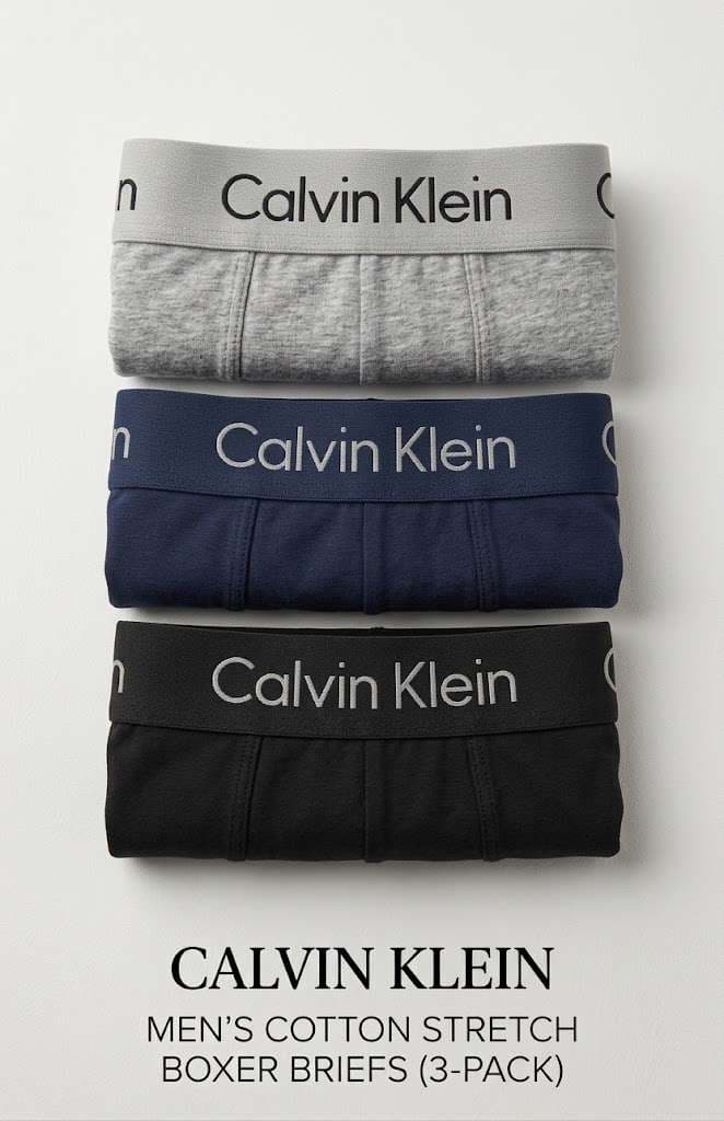 Calvin Klein Men's Cotton Stretch Boxer Briefs (3-Pack) – Black, Navy & Grey