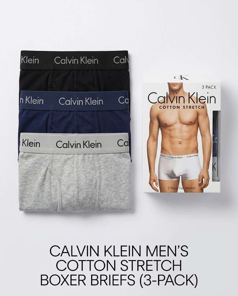 Original Retail Box Calvin Klein Men's Cotton Stretch Boxer Briefs 3-Pack with – Black, Navy & Grey