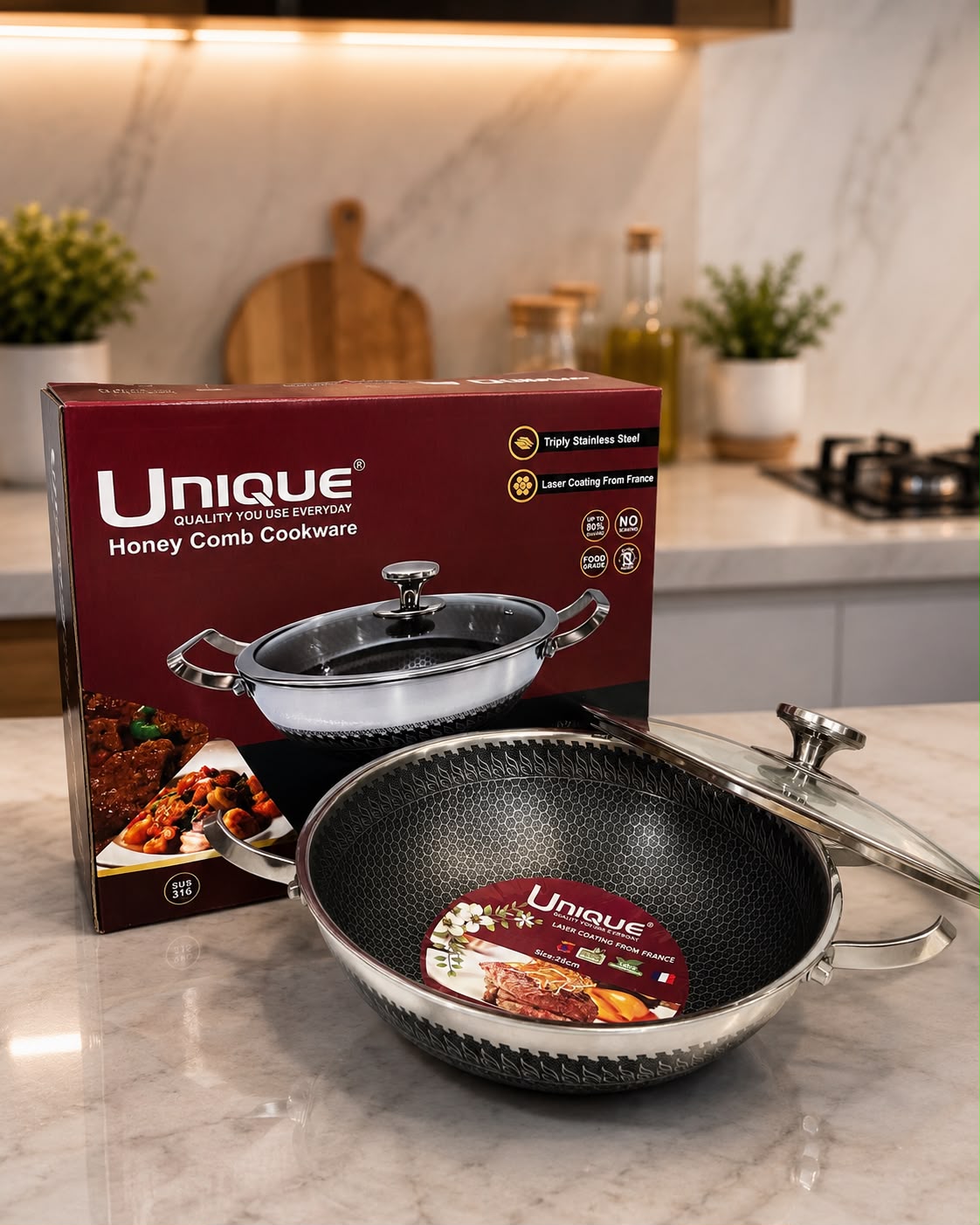 UNIQUE SUS316 Honeycomb Stainless Steel Kadai 30CM