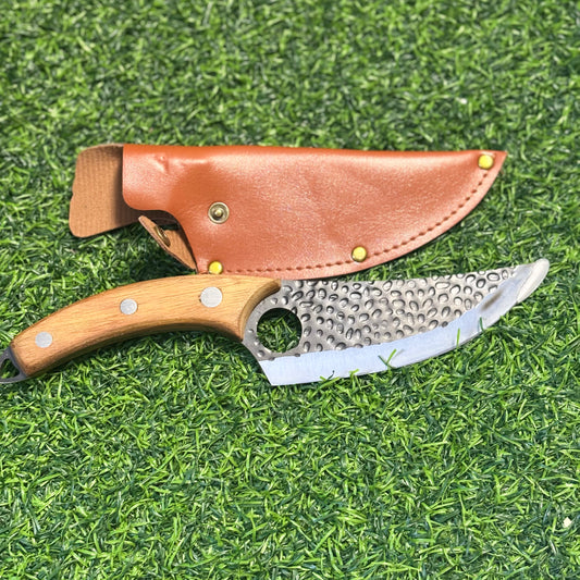wood handle survival knife with leather cover