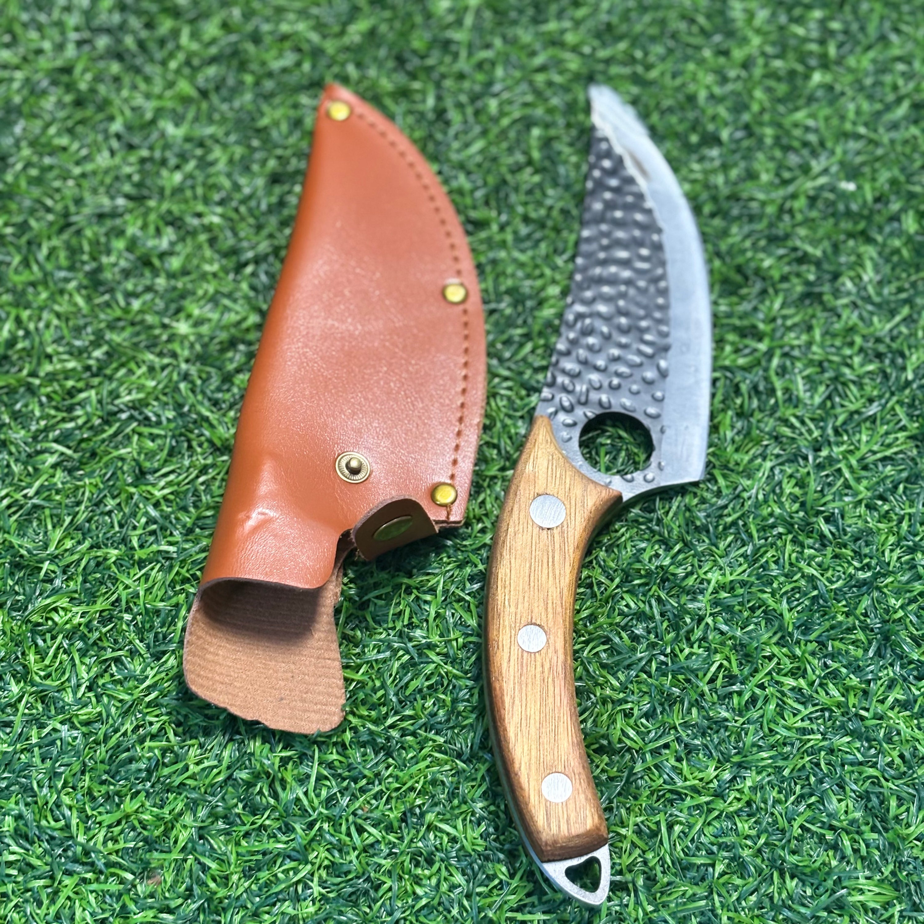 wood handle survival knife with leather cover