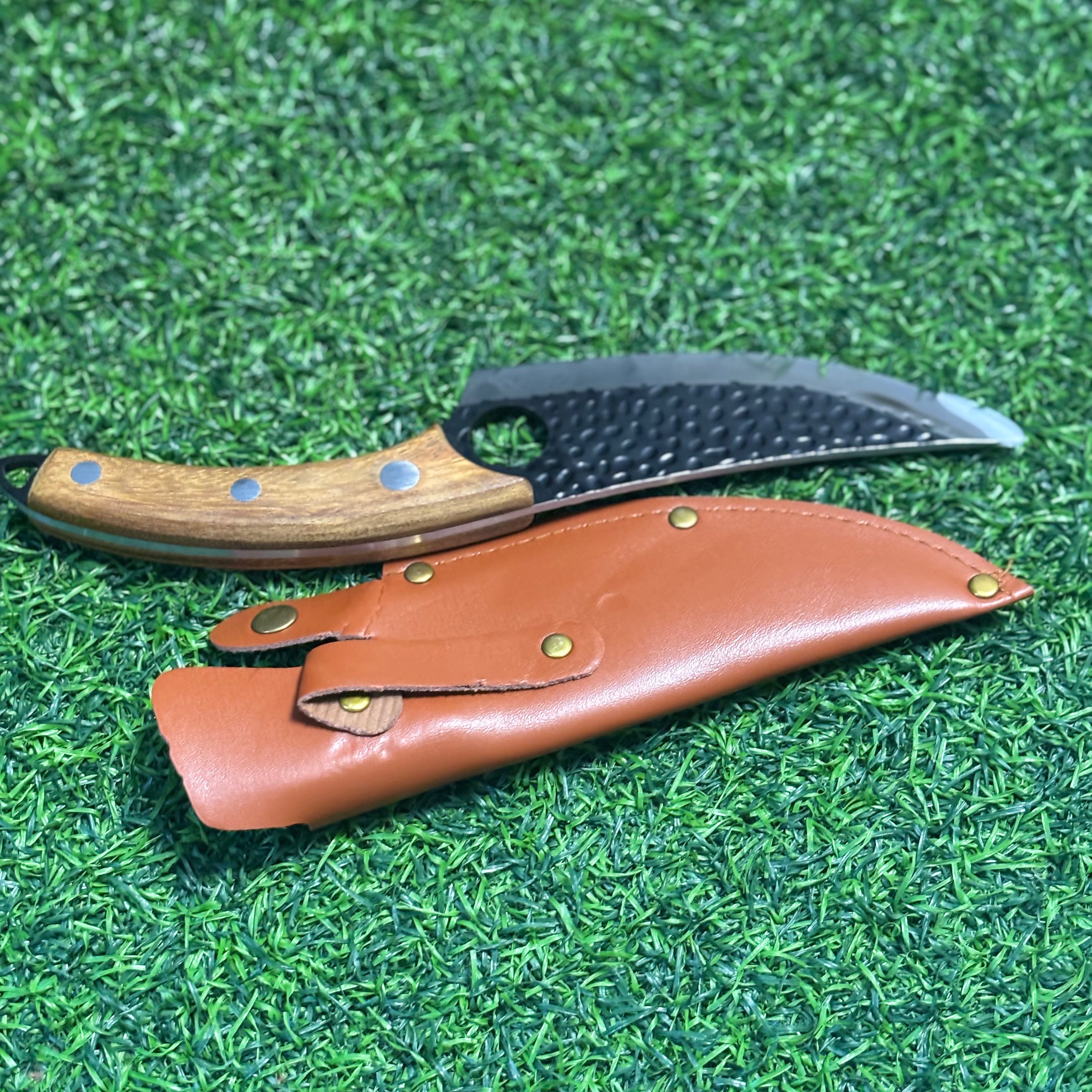 wood handle survival knife with leather cover