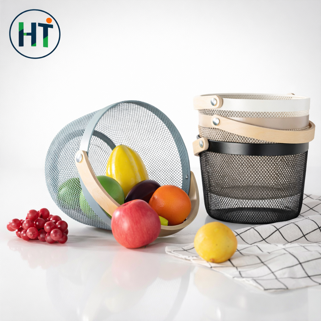 Multifunction Metal Kitchen Storage Basket with Wooden Handle