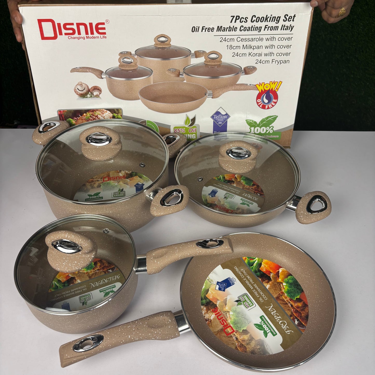 Disnie 7pcs cooking set.24cm cessarole with cover,18cm milkpan with cover 24cm korai with cover.24cm frypan