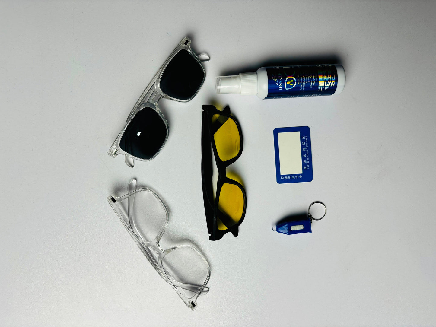 Complete Eyewear Care Package: Blue Cut, Smart Sunglasses, Night Vision, Lens Cleaner & Test Kit!"