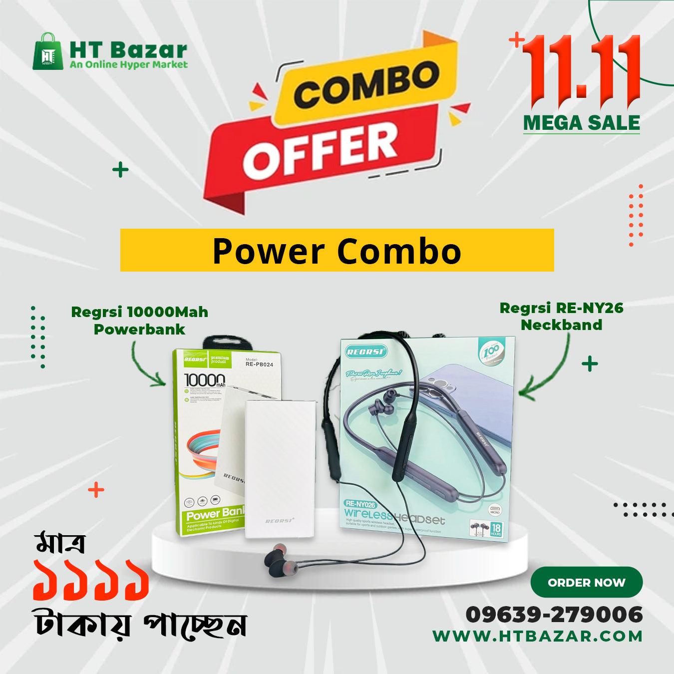 Power Combo ( Regrsi 10000Mah Powerbank+ Regrsi RE-NY026 Neckband)