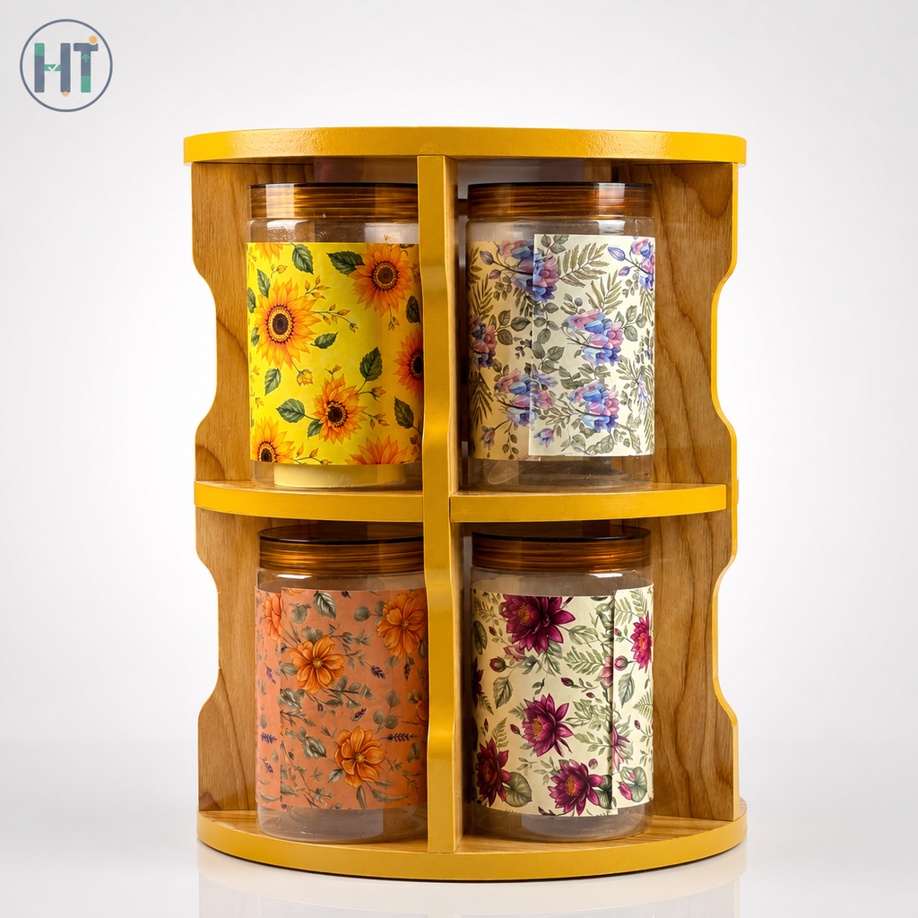 10pcs Floral Spice Jar Set with Wooden Organizer Rack