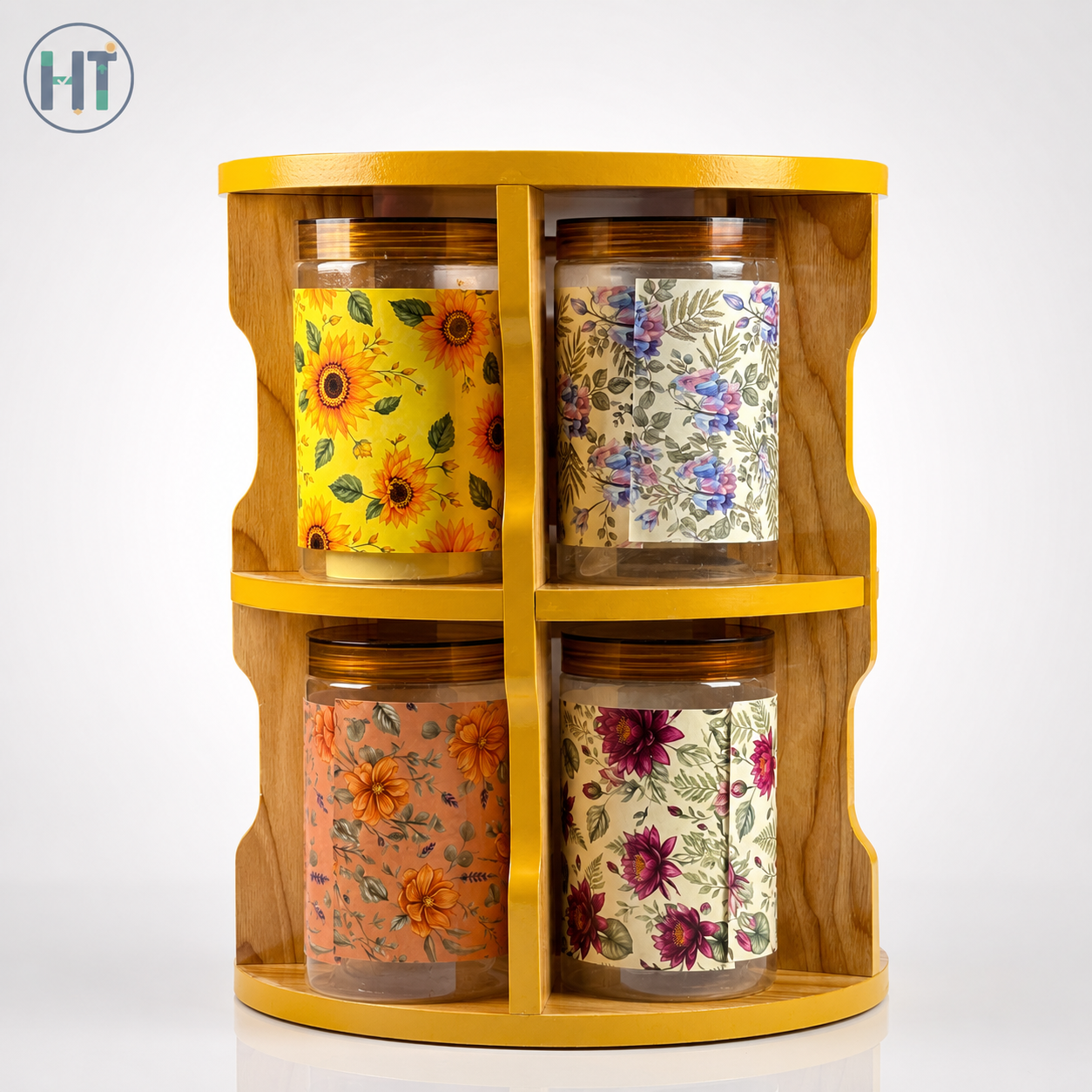 10pcs Floral Spice Jar Set with Wooden Organizer Rack