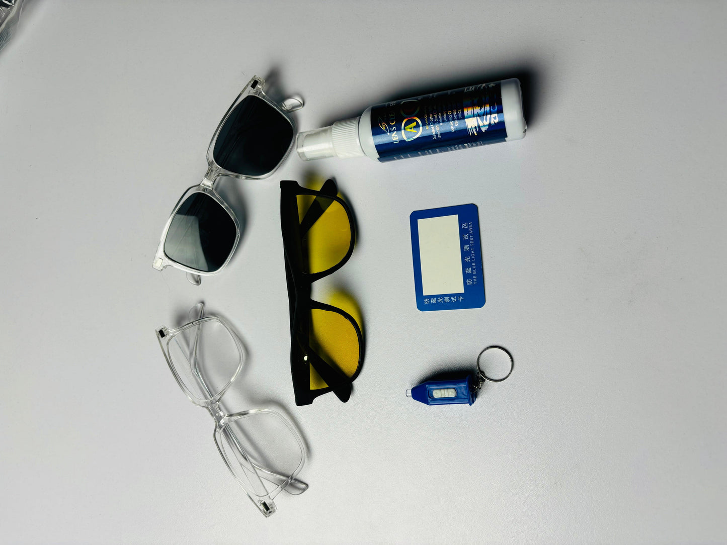 Complete Eyewear Care Package: Blue Cut, Smart Sunglasses, Night Vision, Lens Cleaner & Test Kit!"