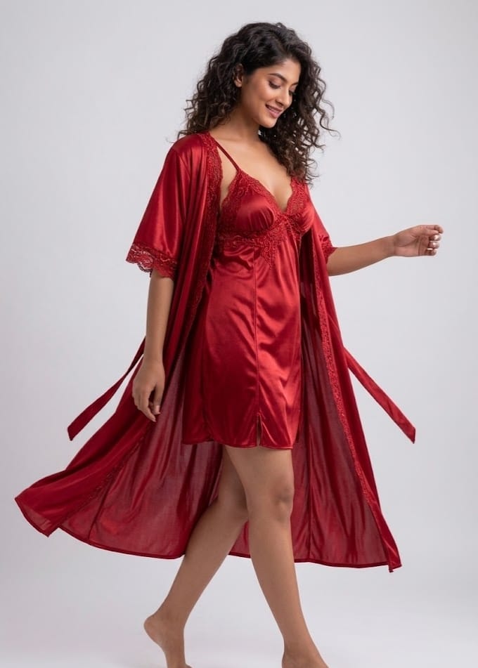 Premium Red Satin 2 Part Night Dress Set for Women – Soft Comfortable Nightwear