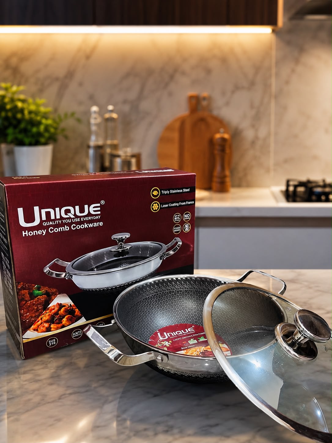 UNIQUE SUS316 Honeycomb Stainless Steel Kadai 26CM