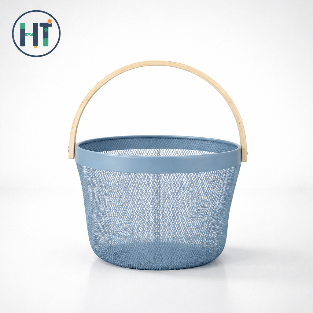 Multifunction Metal Kitchen Storage Basket with Wooden Handle