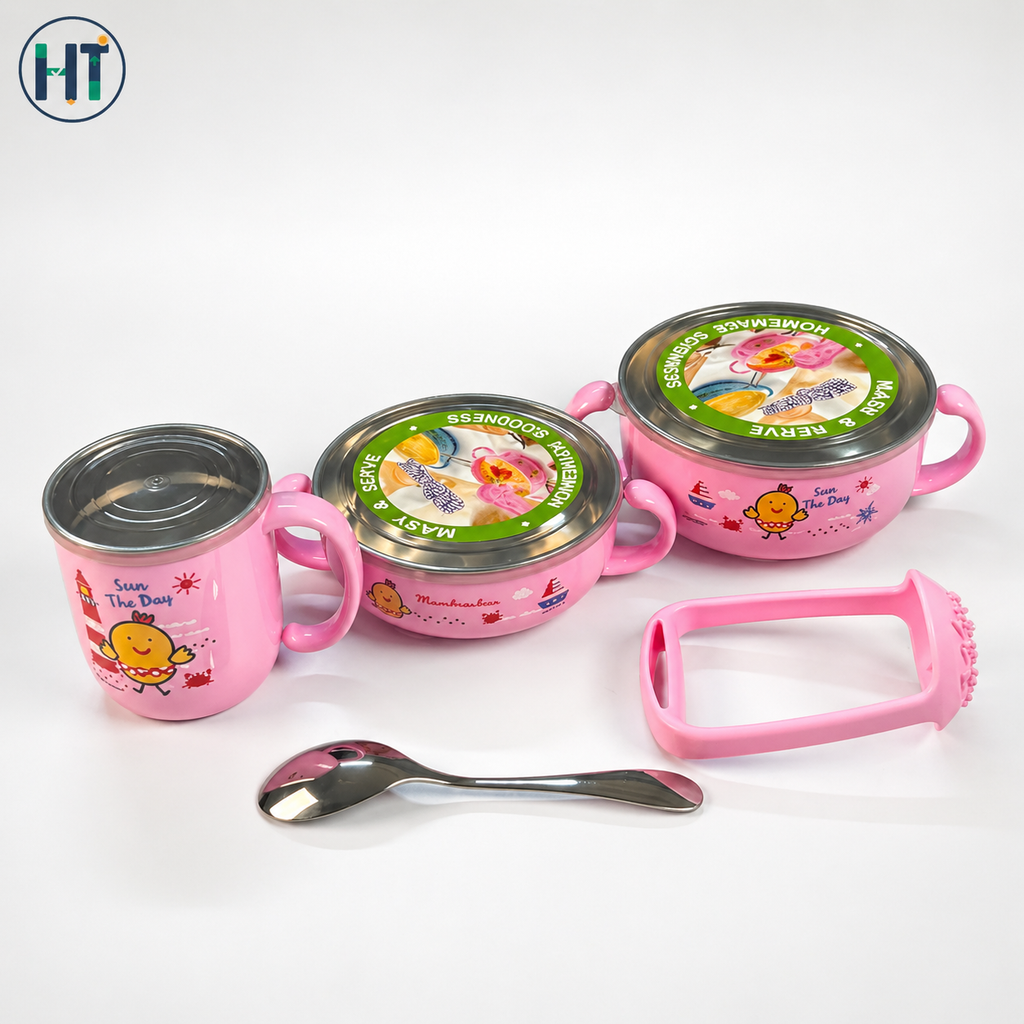 Kids Stainless Steel Feeding Set – Anti-Scald Bowl, Cup, Spoon & Grinder Kit