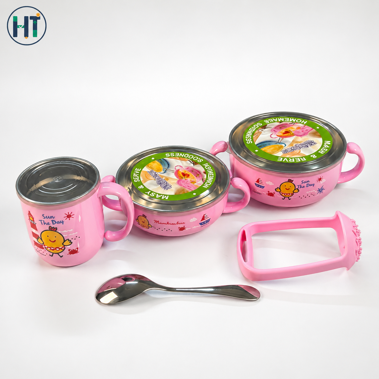 Kids Stainless Steel Feeding Set – Anti-Scald Bowl, Cup, Spoon & Grinder Kit