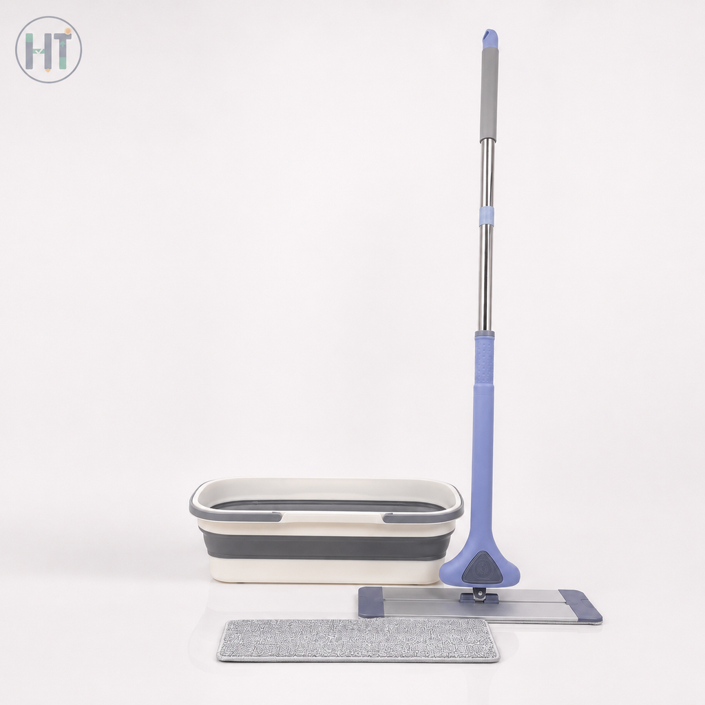 Foldable Flat Mop with Silicon Bucket & Microfiber Pad