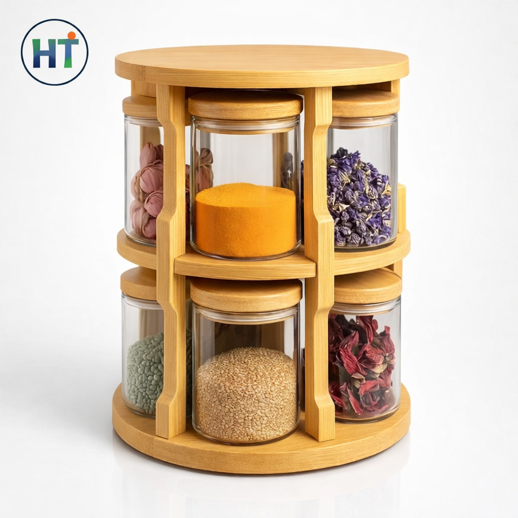 Bamboo Revolving Spice Rack – 10 Glass Jar Set