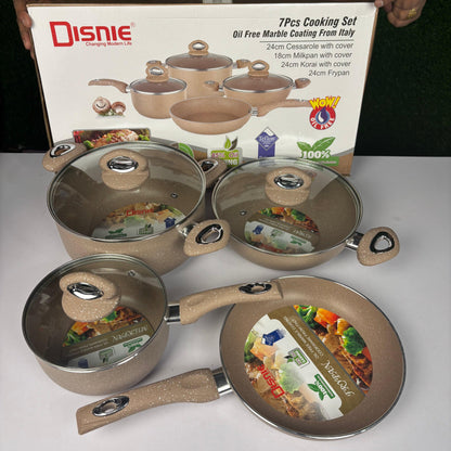 Disnie 7pcs cooking set.24cm cessarole with cover,18cm milkpan with cover 24cm korai with cover.24cm frypan