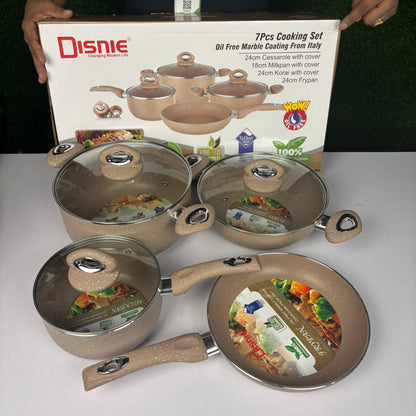 Disnie 7pcs cooking set.24cm cessarole with cover,18cm milkpan with cover 24cm korai with cover.24cm frypan