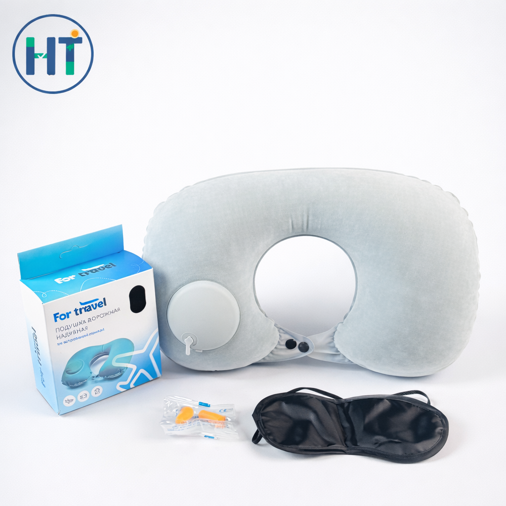 Inflatable Travel Neck Pillow Set with Built-in Pump
