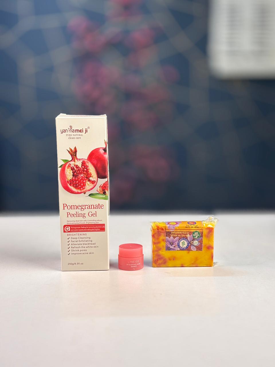 Skincare Beauty Combo Pack – Saffron Soap, Lip Gel & Pomegranate Peeling Gel