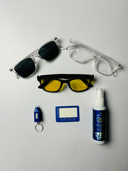 Complete Eyewear Care Package: Blue Cut, Smart Sunglasses, Night Vision, Lens Cleaner & Test Kit!"