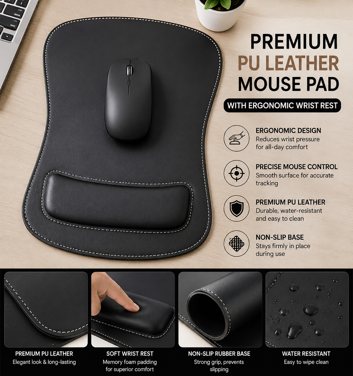 Premium PU Leather Mouse Pad with Ergonomic Wrist Rest – Black