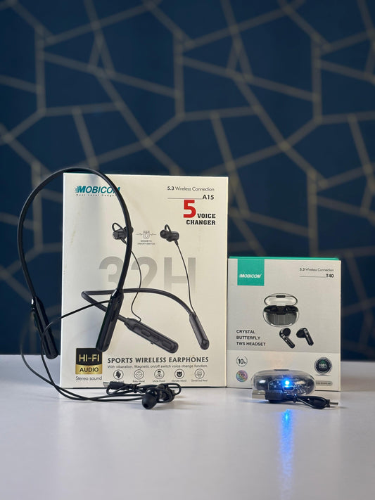 Mobicom Voice 5 Chenger Neckband (32 Hours) + Mobicom T40 Airbuds (10 Hours) Combo