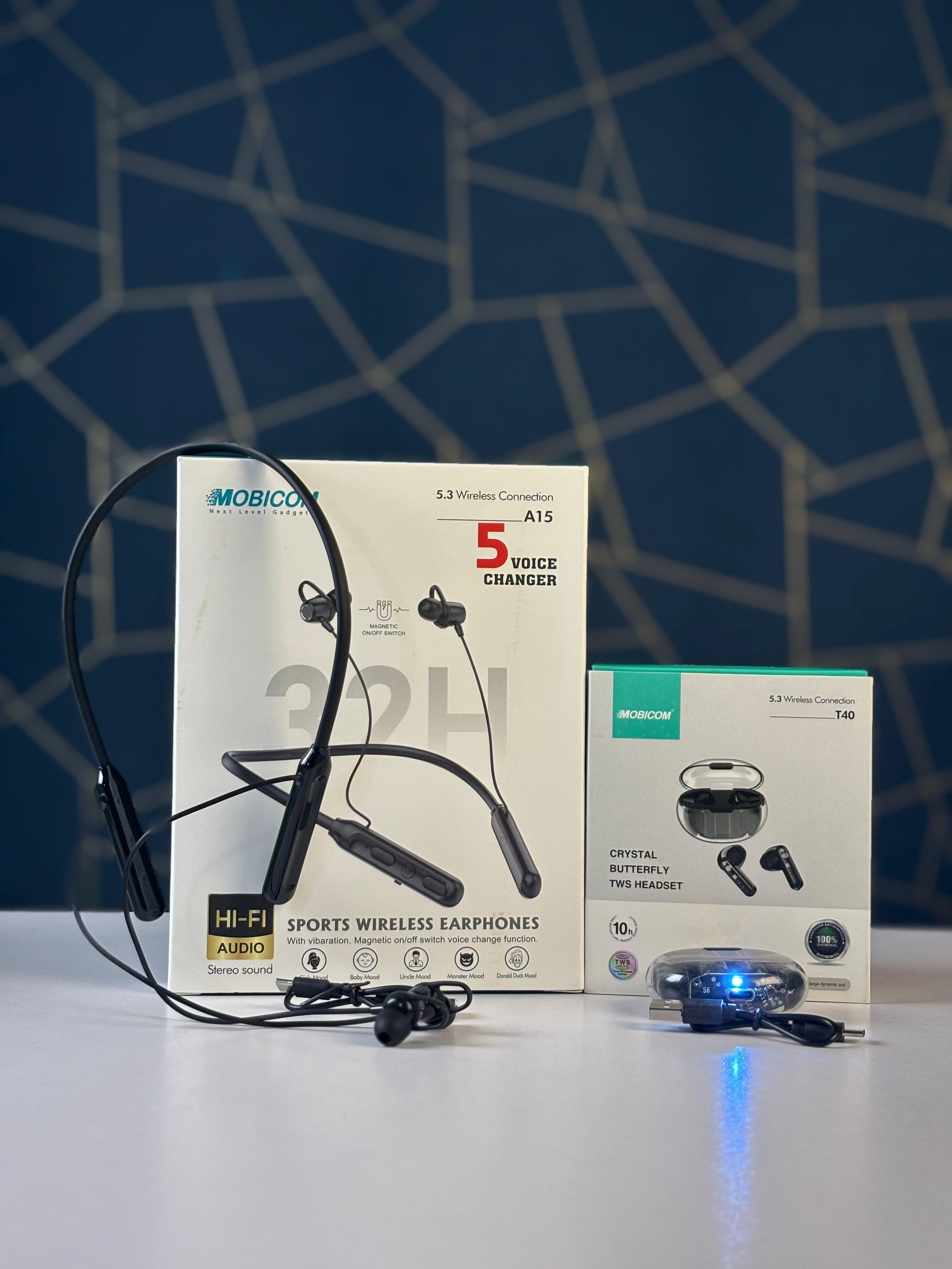 Mobicom Voice 5 Chenger Neckband (32 Hours) + Mobicom T40 Airbuds (10 Hours) Combo