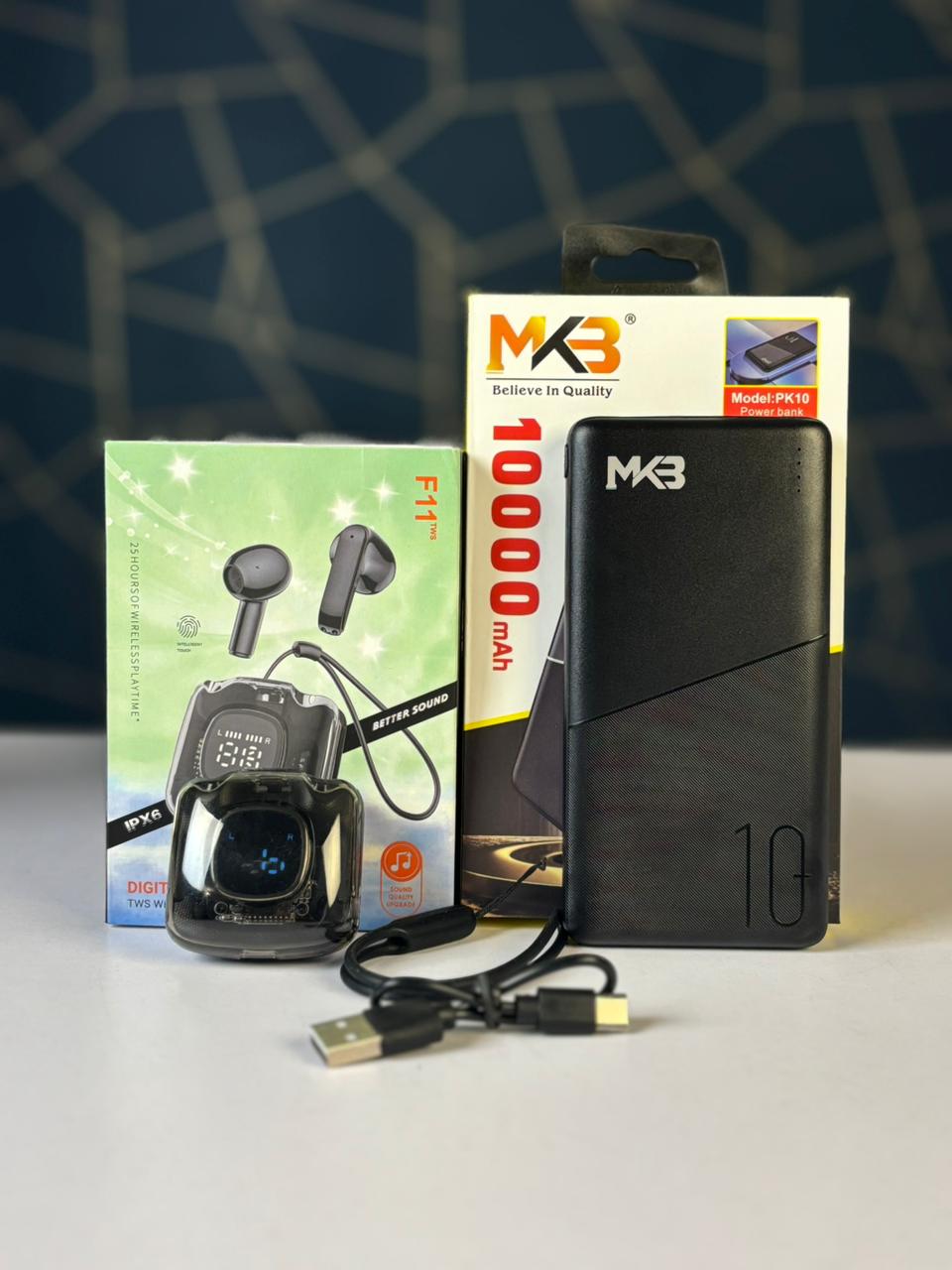 MKB PK10 Power Bank (10000mAh) + F11 Wireless Earbuds (25H Backup) Combo Pack