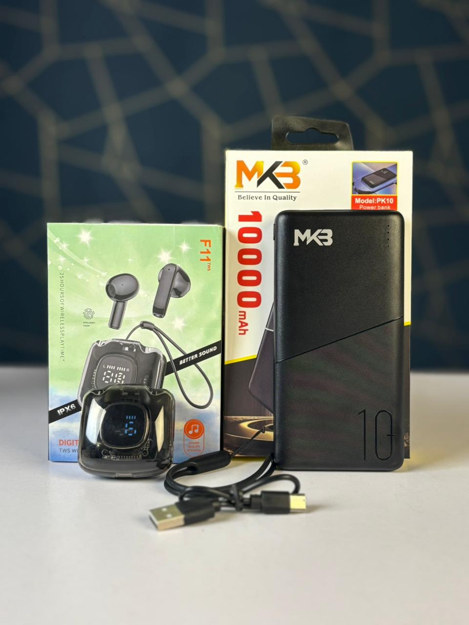 MKB PK10 Power Bank (10000mAh) + F11 Wireless Earbuds (25H Backup) Combo Pack