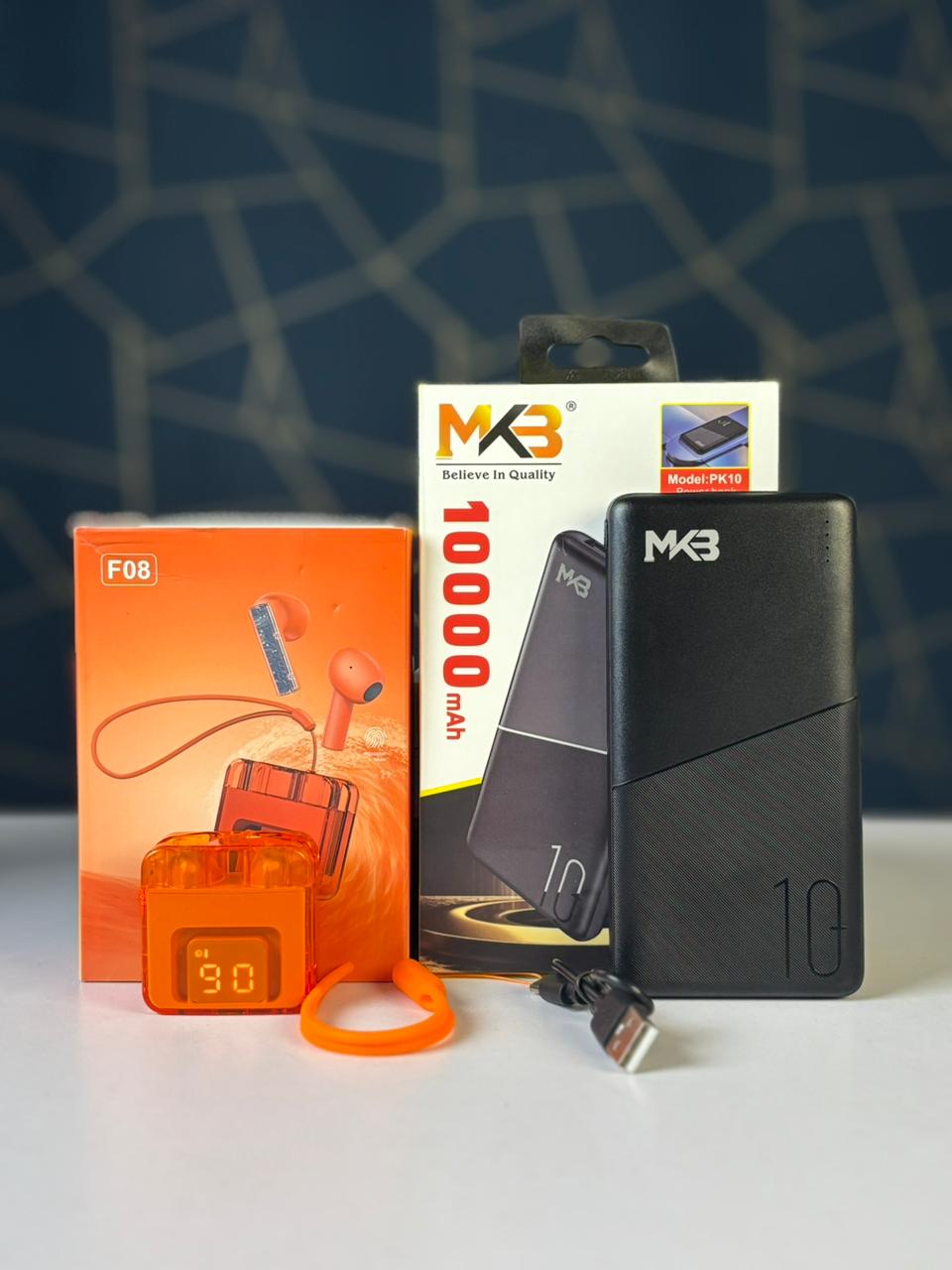 MKB PK10 Power Bank (10000mAh) + F08 Wireless Earbuds (15H Backup) Combo Pack
